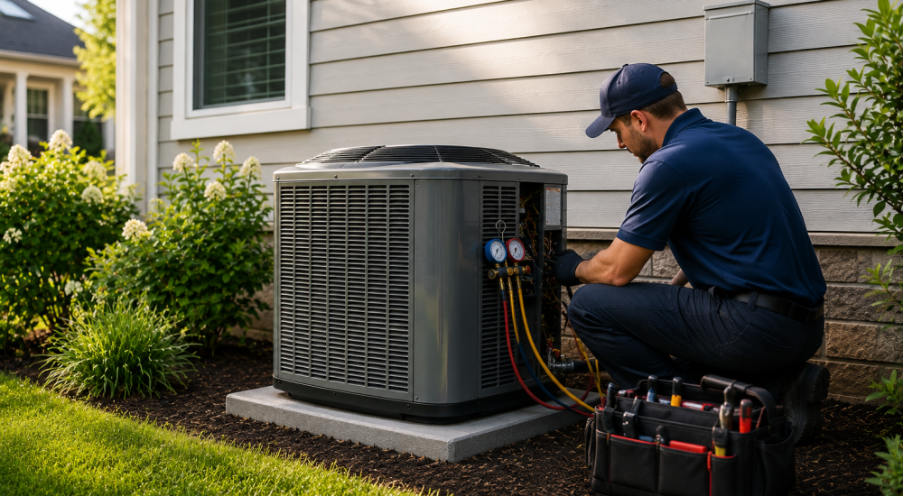 Technician repairing outdoor HVAC unit at home with tools in garden setting.