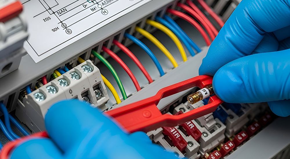 Technician in blue gloves using a tool to adjust a fuse in an electrical panel with colorful wires.