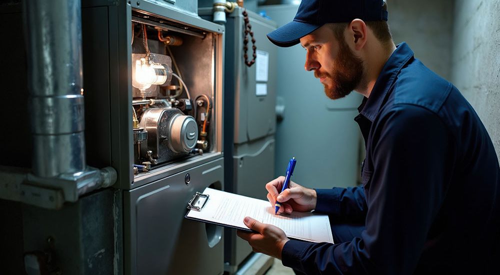 Technician inspecting and documenting furnace maintenance in a basement setting.