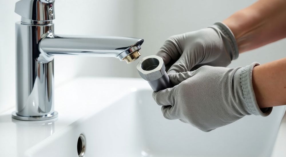 Person fixing bathroom sink faucet with gloves, plumbing maintenance.