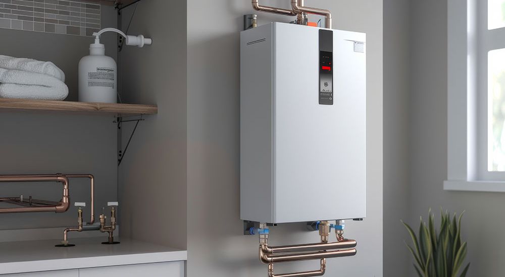 Modern tankless water heater with copper piping in a stylish utility room setting.