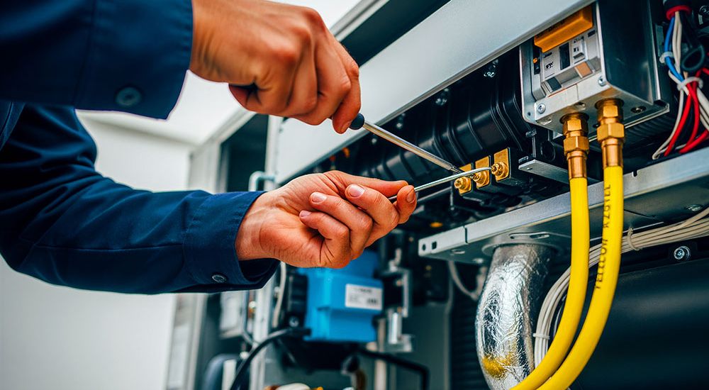 Technician repairing HVAC system with tools, adjusting components for optimal performance.
