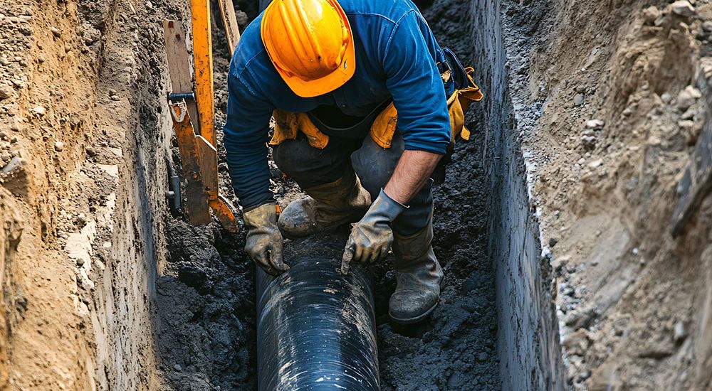 Worker inspecting underground pipeline installation in a trench.