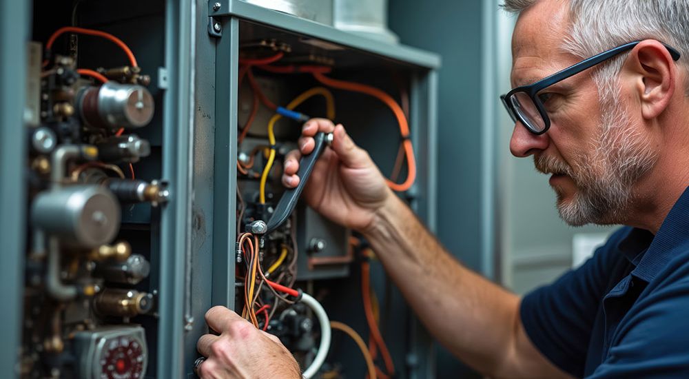 Technician repairing HVAC system components with tools, focused on electrical wiring inside a control panel.