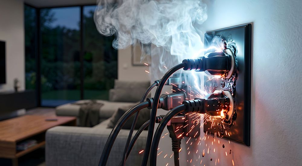 Electrical outlet overload causing sparks and smoke in a living room, highlighting a safety hazard.